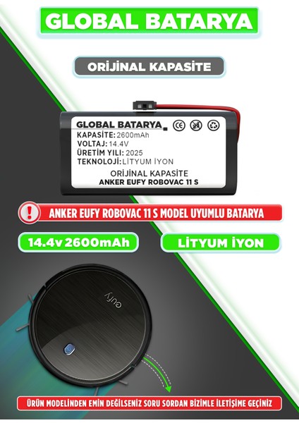 Anker Eufy Robovac 11S Akıllı Robot Süpürge Bataryası 14.4v 2600mAh Pil Li-ion (Orijinal kapasite)