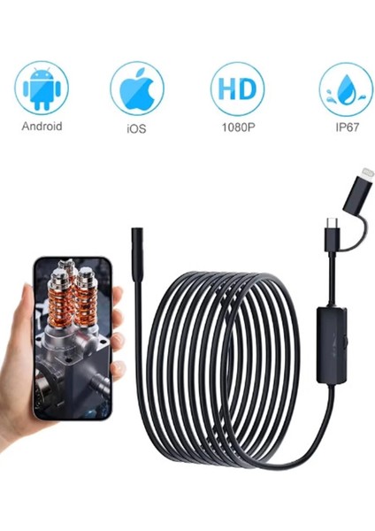 Bfs Endoskop Yılan Video Kamera Ios ve Android Uyumlu Led’li 10 Metre 8 mm Sert Kablo 2mp