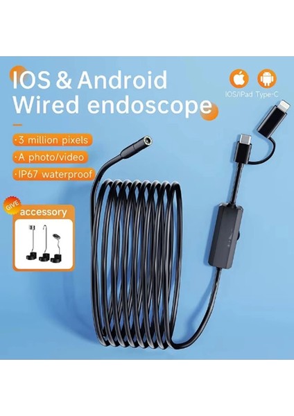 Bfs Endoskop Yılan Video Kamera Ios ve Android Uyumlu Led’li 10 Metre 8 mm Sert Kablo 2mp fiyatları