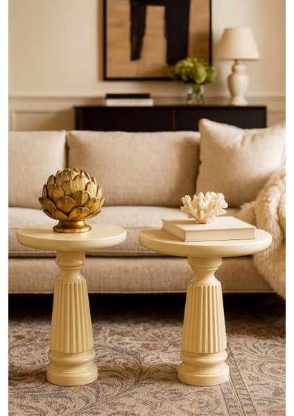 Krem Renk Masif Ahşap Yan Sehpa Seti – 2'li Modern Zigon Fiskos fiyatları