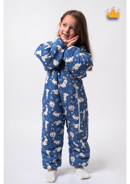 2-8 Yaş 2.5 Tog Kalın Elyaf Dolgulu Premium Kalite Unisex Çocuk Uyku Tulumu Lacivert Tavşan 23504