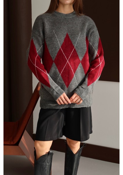 Kazak Gri Bordo Baklava Desen Kazak fiyatları