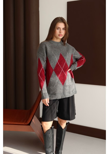 Kazak Gri Bordo Baklava Desen Kazak modelleri