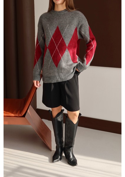 Kazak Gri Bordo Baklava Desen Kazak fırsatları