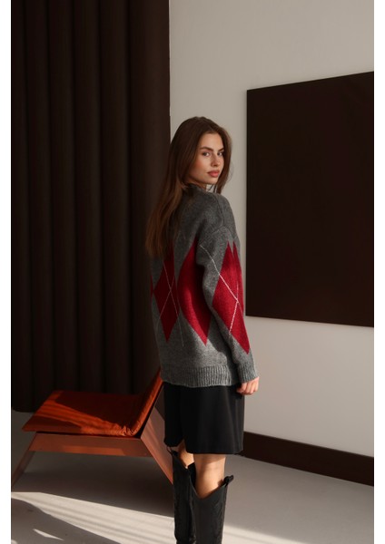 Kazak Gri Bordo Baklava Desen Kazak indirimleri