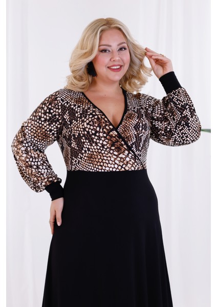 Kadın Kahve Siyah Yılan Desen Bloklu Kruvaze Yaka Balon Kol Büyük Beden Esnek Maxi Elbise