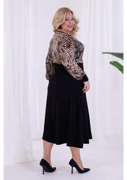 Kadın Kahve Siyah Yılan Desen Bloklu Kruvaze Yaka Balon Kol Büyük Beden Esnek Maxi Elbise