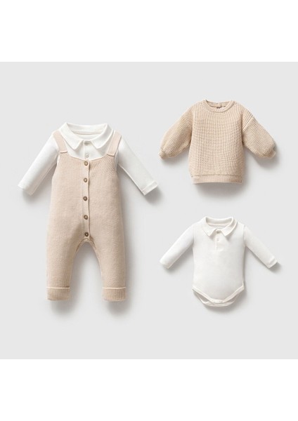 8277N Erkek Bebek Triko Düğmeli Kazaklı 3'lü Naturel Yün Salopet Takım