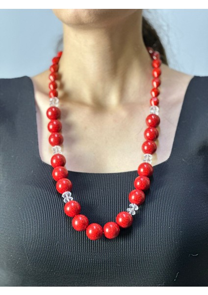 Kırmızı Bambu Boncuklu Kadın Kolye 32 cm