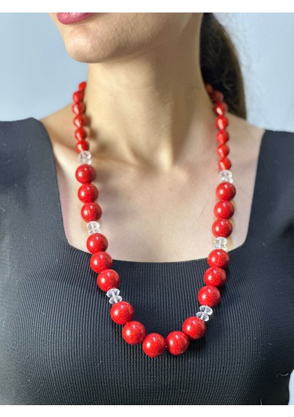 Kırmızı Bambu Boncuklu Kadın Kolye 32 cm fiyatları