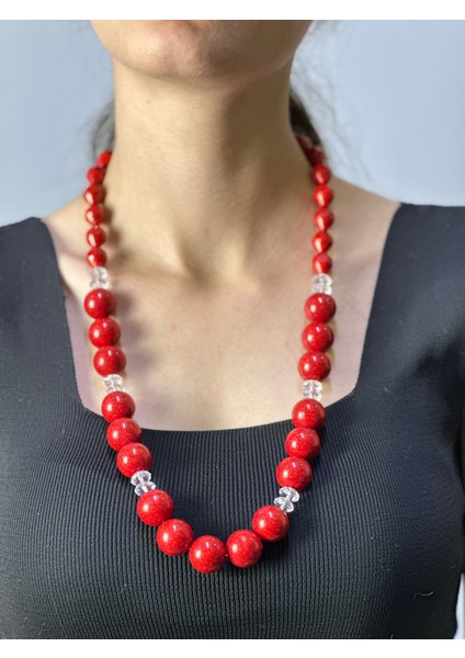 Kırmızı Bambu Boncuklu Kadın Kolye 32 cm modelleri