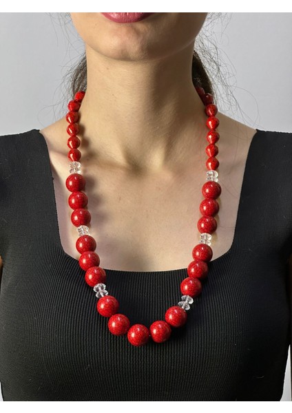 Kırmızı Bambu Boncuklu Kadın Kolye 32 cm fırsatları