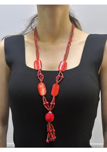 Kırmızı Bambu Boncuk Işleme Kadın Kolye 35 cm