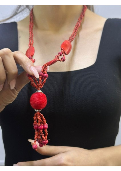 Kırmızı Bambu Boncuk Işleme Kadın Kolye 35 cm fiyatları