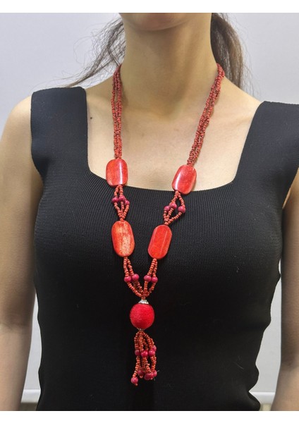 Kırmızı Bambu Boncuk Işleme Kadın Kolye 35 cm fırsatları