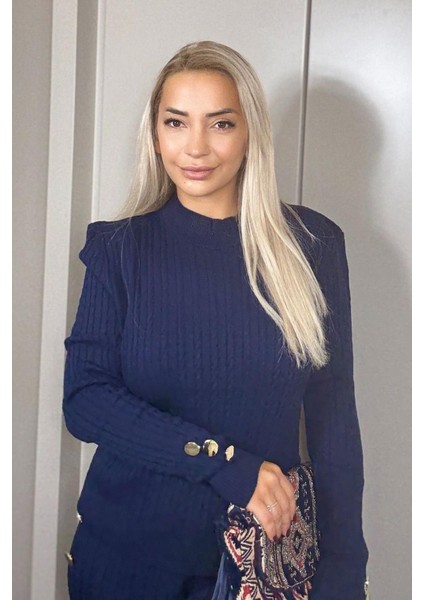 Gold Düğme Detaylı Triko Kadın Laciver Alt Üst Takım