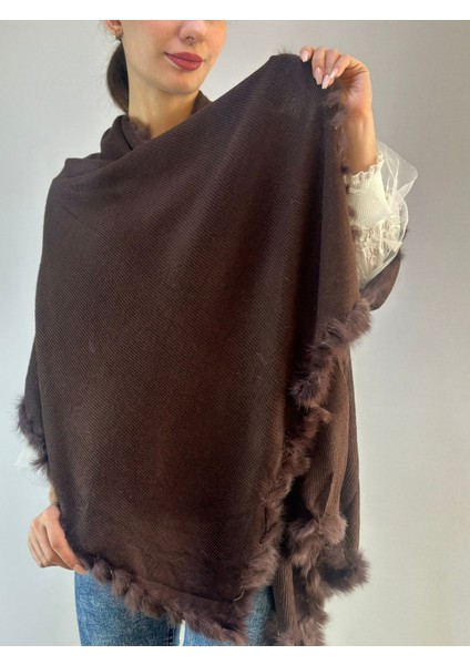 Acı Kahve Kürklü Triko Kadın Şal 180X65 cm fiyatları
