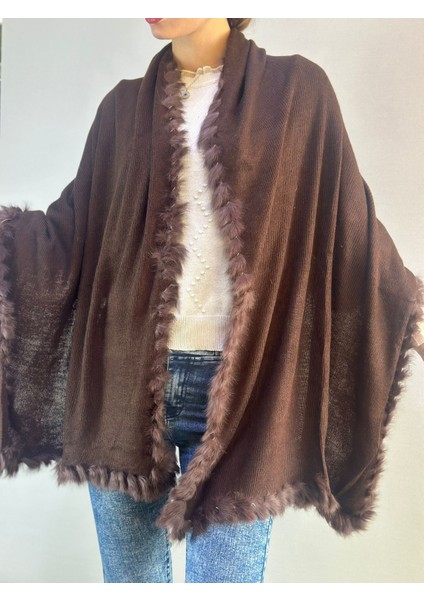 Acı Kahve Kürklü Triko Kadın Şal 180X65 cm modelleri