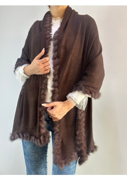Acı Kahve Kürklü Triko Kadın Şal 180X65 cm fırsatları