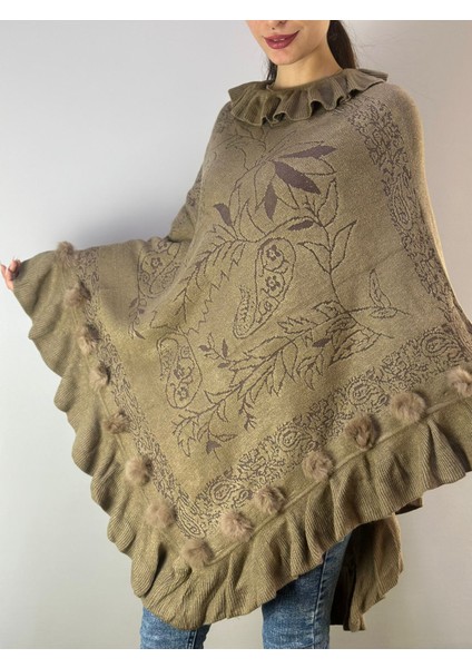 Fırfır Yaka Ponponlu Desenli Kahverengi Kadın Panço Şal fiyatları