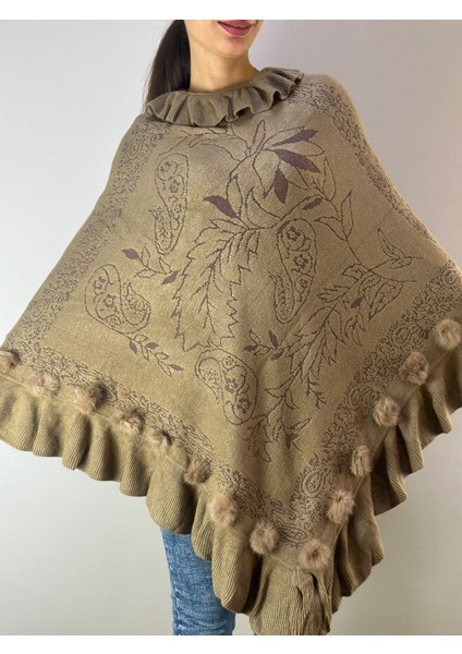 Fırfır Yaka Ponponlu Desenli Kahverengi Kadın Panço Şal fırsatları