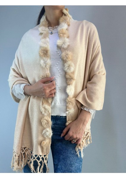 Ponpon Kürklü Triko Ekru Renkli Kadın Şal 180X65 cm