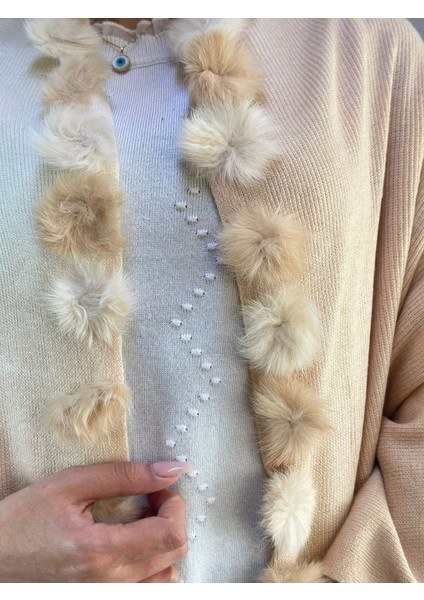 Ponpon Kürklü Triko Ekru Renkli Kadın Şal 180X65 cm fiyatları