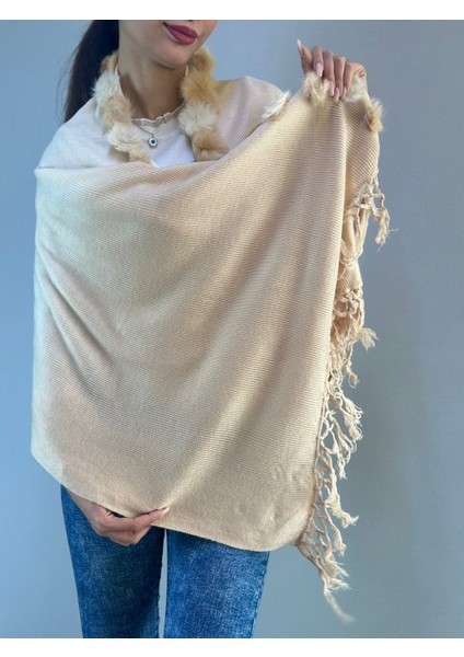 Ponpon Kürklü Triko Ekru Renkli Kadın Şal 180X65 cm modelleri