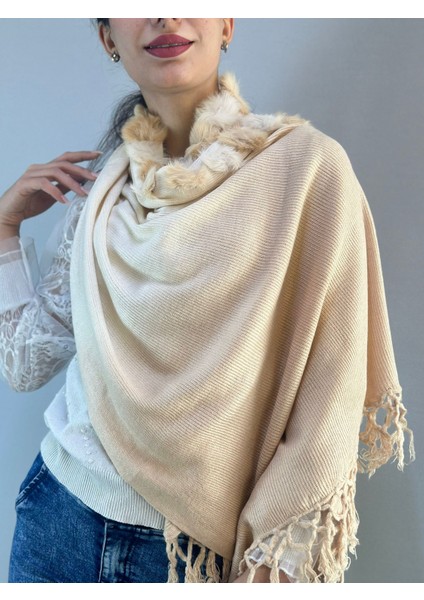 Ponpon Kürklü Triko Ekru Renkli Kadın Şal 180X65 cm fırsatları