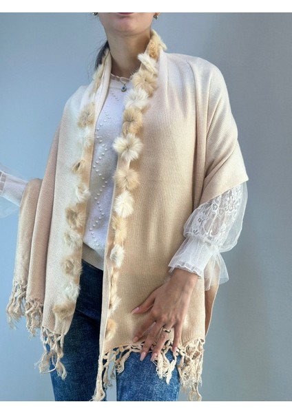 Ponpon Kürklü Triko Ekru Renkli Kadın Şal 180X65 cm indirimleri