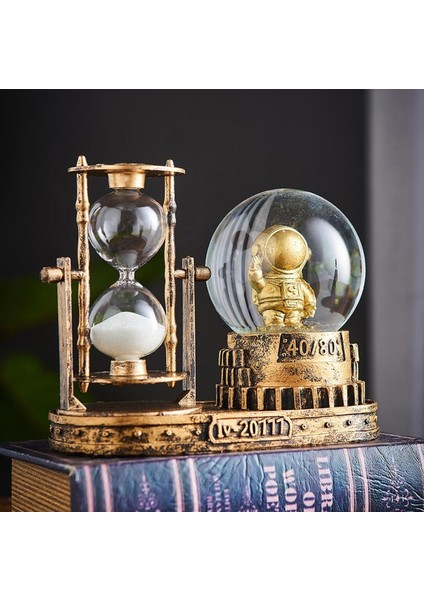 Astronot Temalı Işıklı Retro Kar Küresi & Kum Saati Dekoratif Masaüstü Biblo Ev Ofis Hediyelik Obje