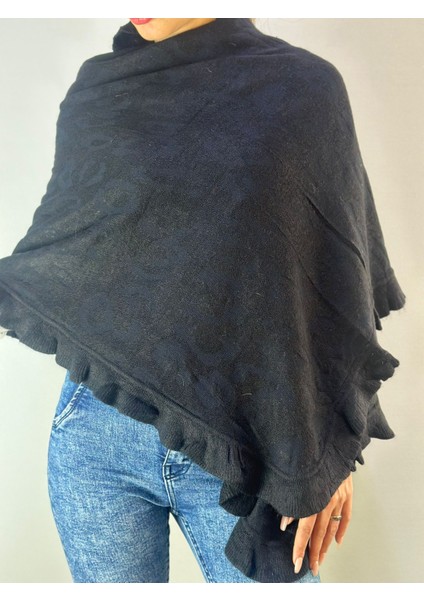 Siyah Fırfırlı Triko Yumuşak Kadın Şal 170X75 cm