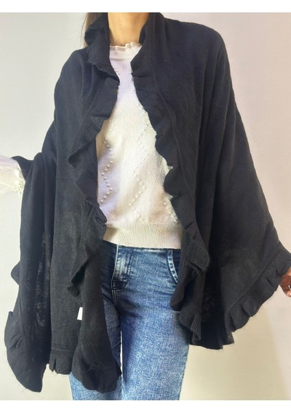 Siyah Fırfırlı Triko Yumuşak Kadın Şal 170X75 cm fiyatları