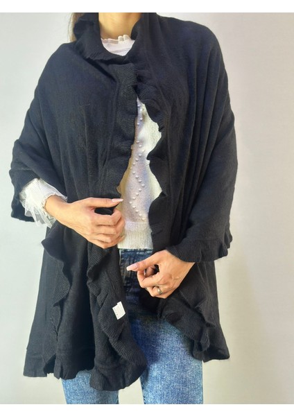 Siyah Fırfırlı Triko Yumuşak Kadın Şal 170X75 cm fırsatları