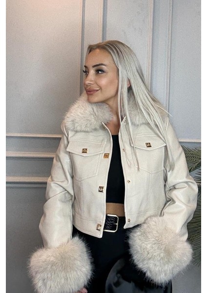 Yakası Kolları Çıkabilen Kürk Detaylı Kadın Bej Deri Ceket fiyatları
