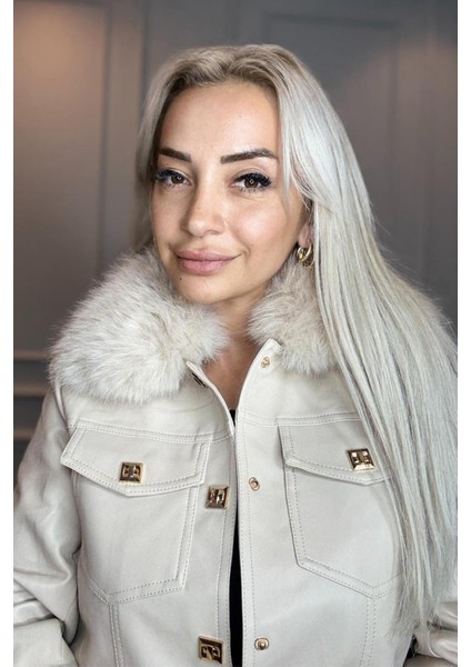 Yakası Kolları Çıkabilen Kürk Detaylı Kadın Bej Deri Ceket fırsatları