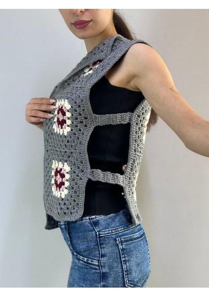 El Örgüsü Motifli Gri Kadın Yelek modelleri