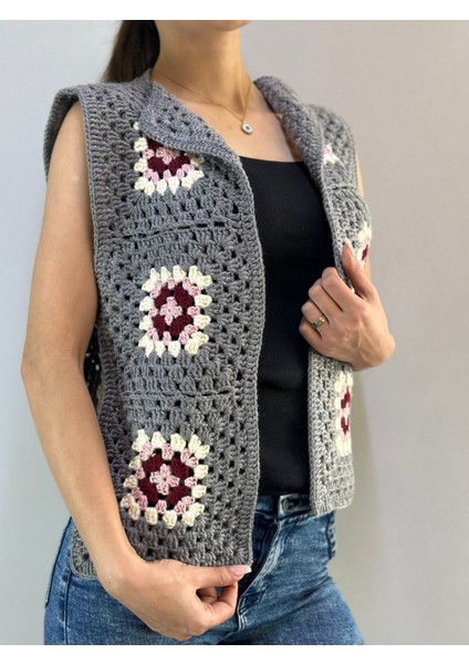 El Örgüsü Motifli Gri Kadın Yelek indirimleri