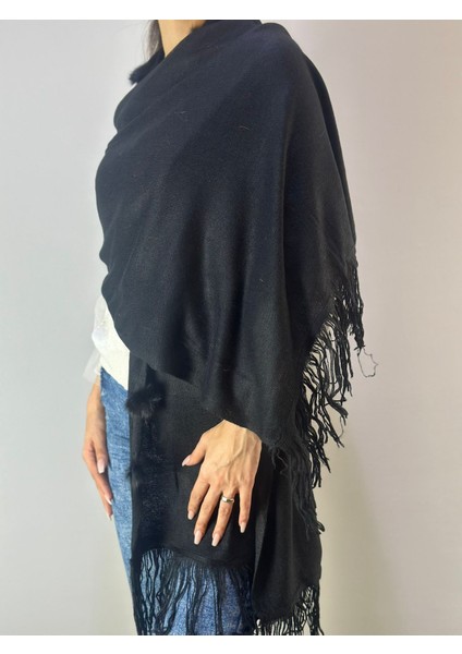 Siyah Triko Ponponlu Yumuşak Kadın Şal 180X70 cm modelleri