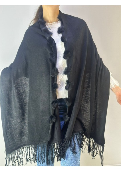 Siyah Triko Ponponlu Yumuşak Kadın Şal 180X70 cm fırsatları