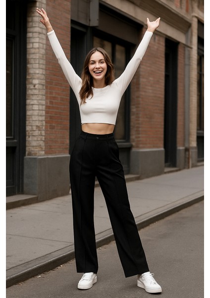 Krep Kumaş Likralı Palazzo Pantolon Ön Çimalı Ispanyol Paça - Siyah