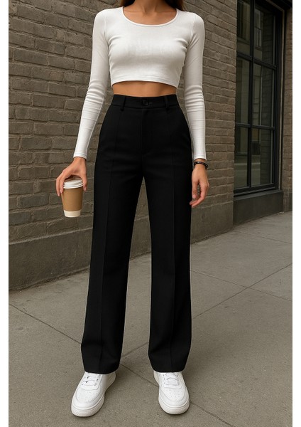 Krep Kumaş Likralı Palazzo Pantolon Ön Çimalı Ispanyol Paça - Siyah fiyatları