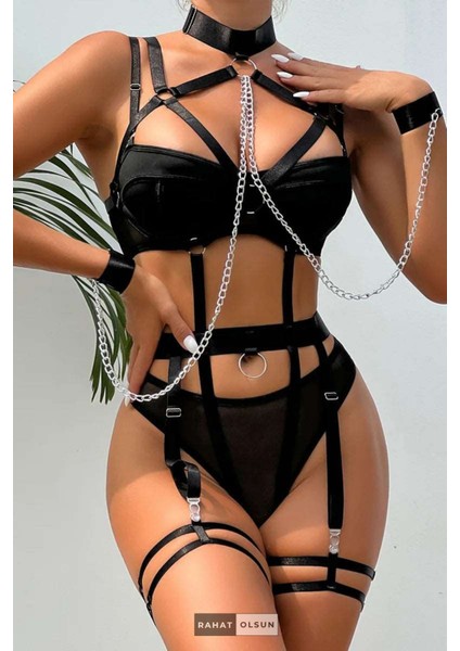 (3 Parça) Harness ve Kelepçeli Balenli Siyah Kadın Jartiyer Set