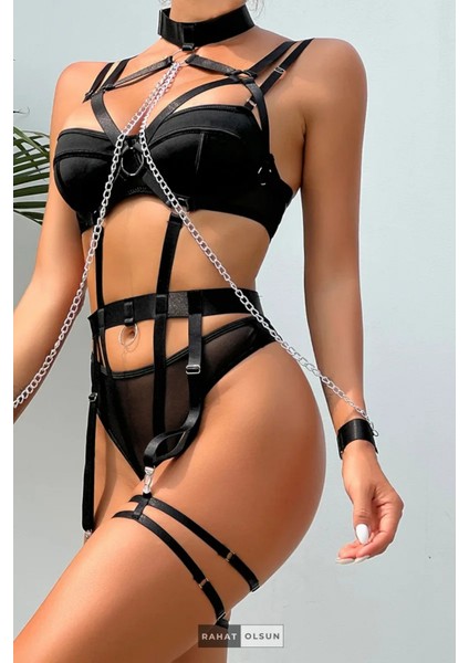 (3 Parça) Harness ve Kelepçeli Balenli Siyah Kadın Jartiyer Set fiyatları