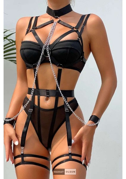 (3 Parça) Harness ve Kelepçeli Balenli Siyah Kadın Jartiyer Set modelleri