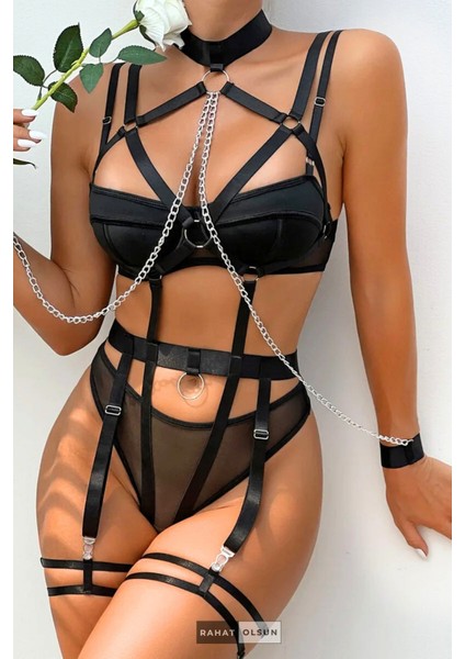 (3 Parça) Harness ve Kelepçeli Balenli Siyah Kadın Jartiyer Set indirimleri