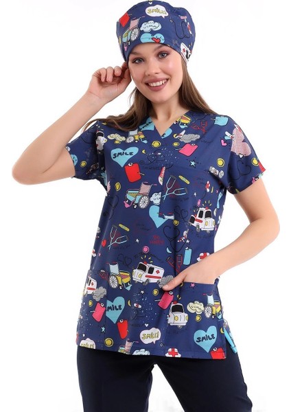 Yarasa Kol Dijital Unisex Desenli Üst - 6525 Lacivert Stetoskop