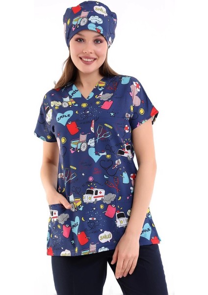 Yarasa Kol Dijital Unisex Desenli Üst - 6525 Lacivert Stetoskop modelleri