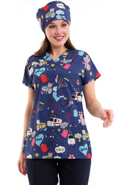 Yarasa Kol Dijital Unisex Desenli Üst - 6525 Lacivert Stetoskop indirimleri