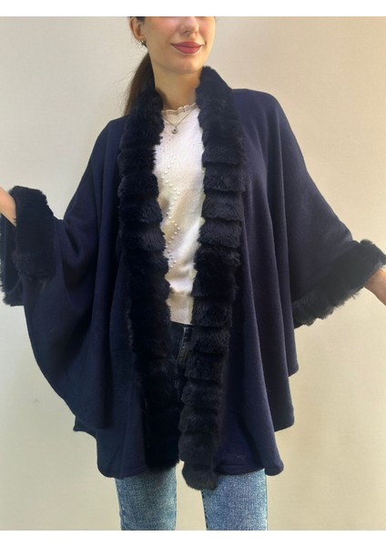 Triko Kürklü Lacivert Yumuşak Kadın Panço Şal